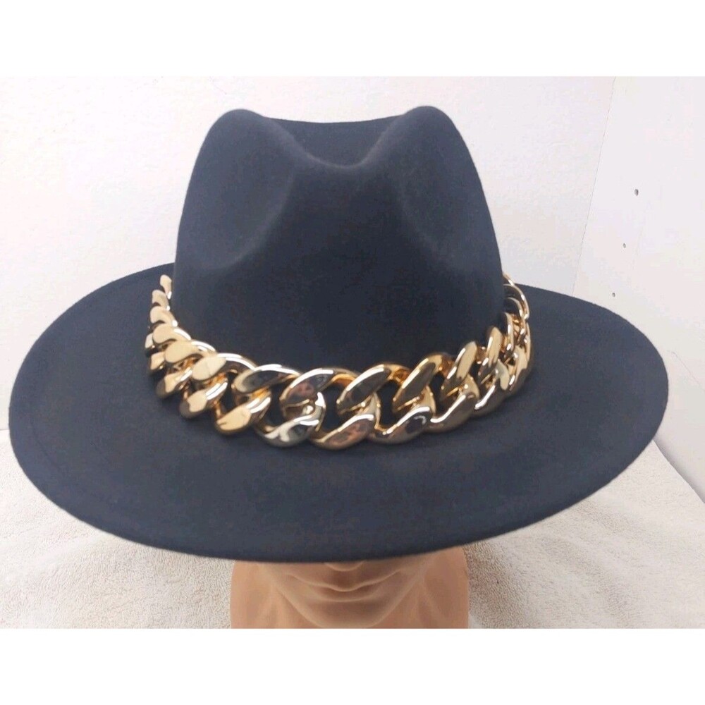 Kendall + Kylie Black Fedora Hat With Gold Chain 13 1/2" X 12 1/2" Pre-owned